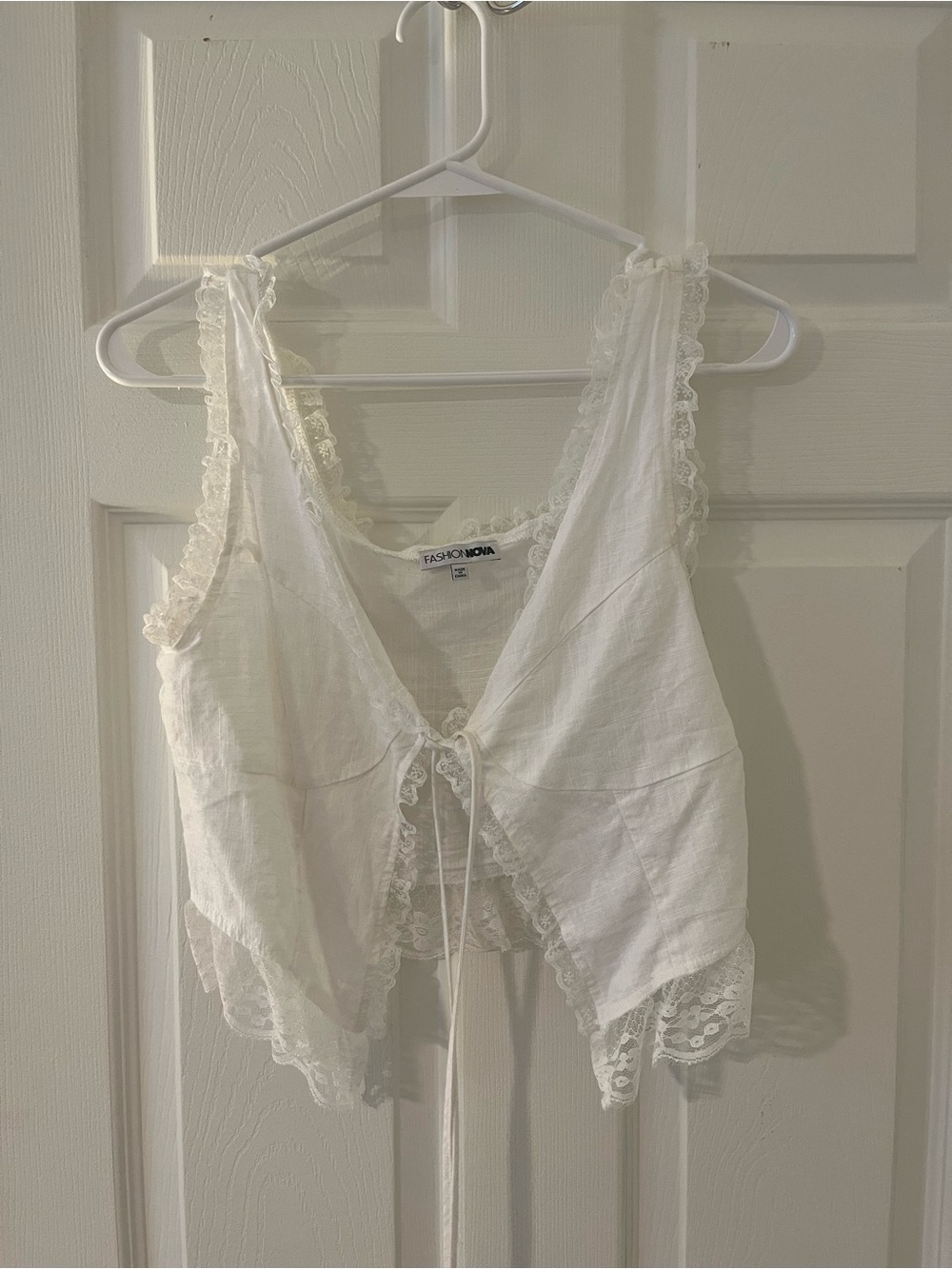 Fashion Nova White Lace-Trim Tie-Front Camisole